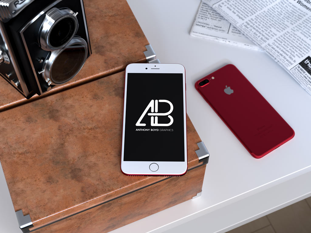 Download Red iPhone on Desk Mockup | Mockup World