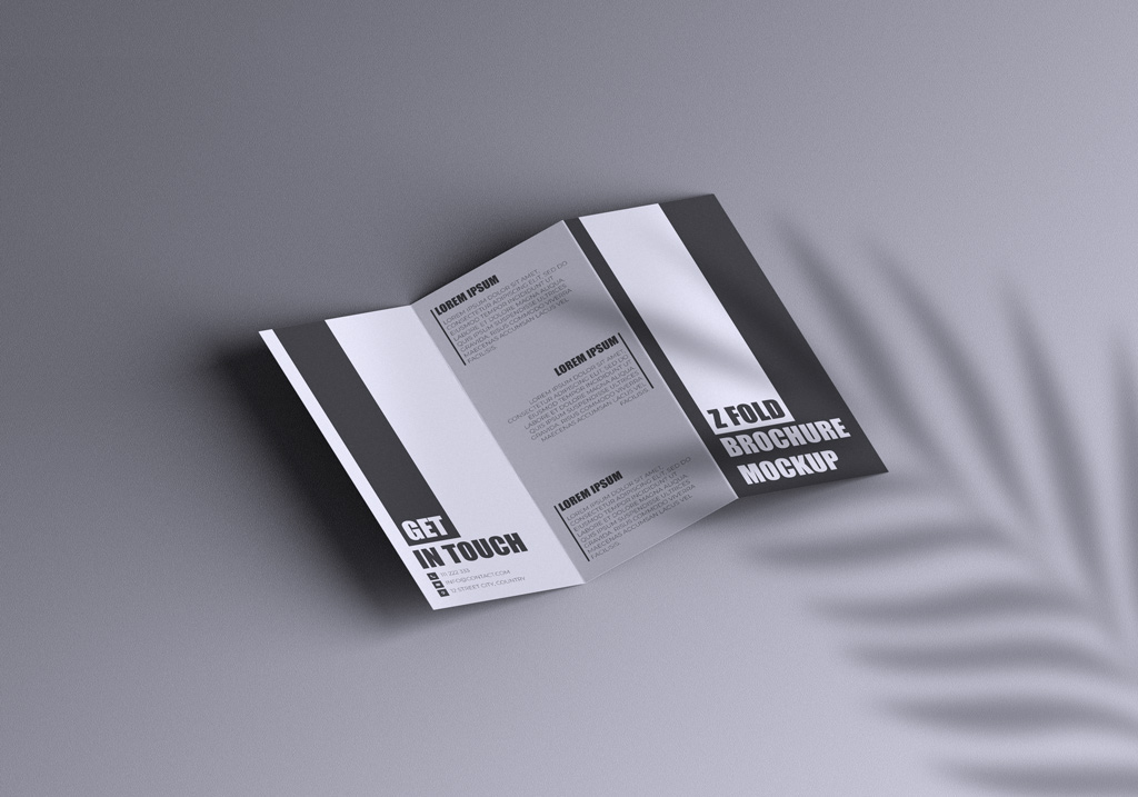 Z-Fold Brochure with Plant Shadow Mockup - Mockup World