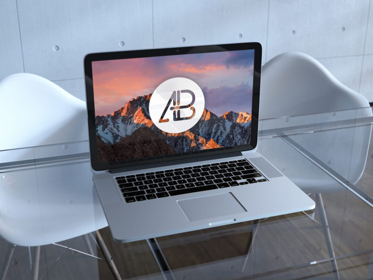 Download MacBook on Office Glass Table Mockup | Mockup World