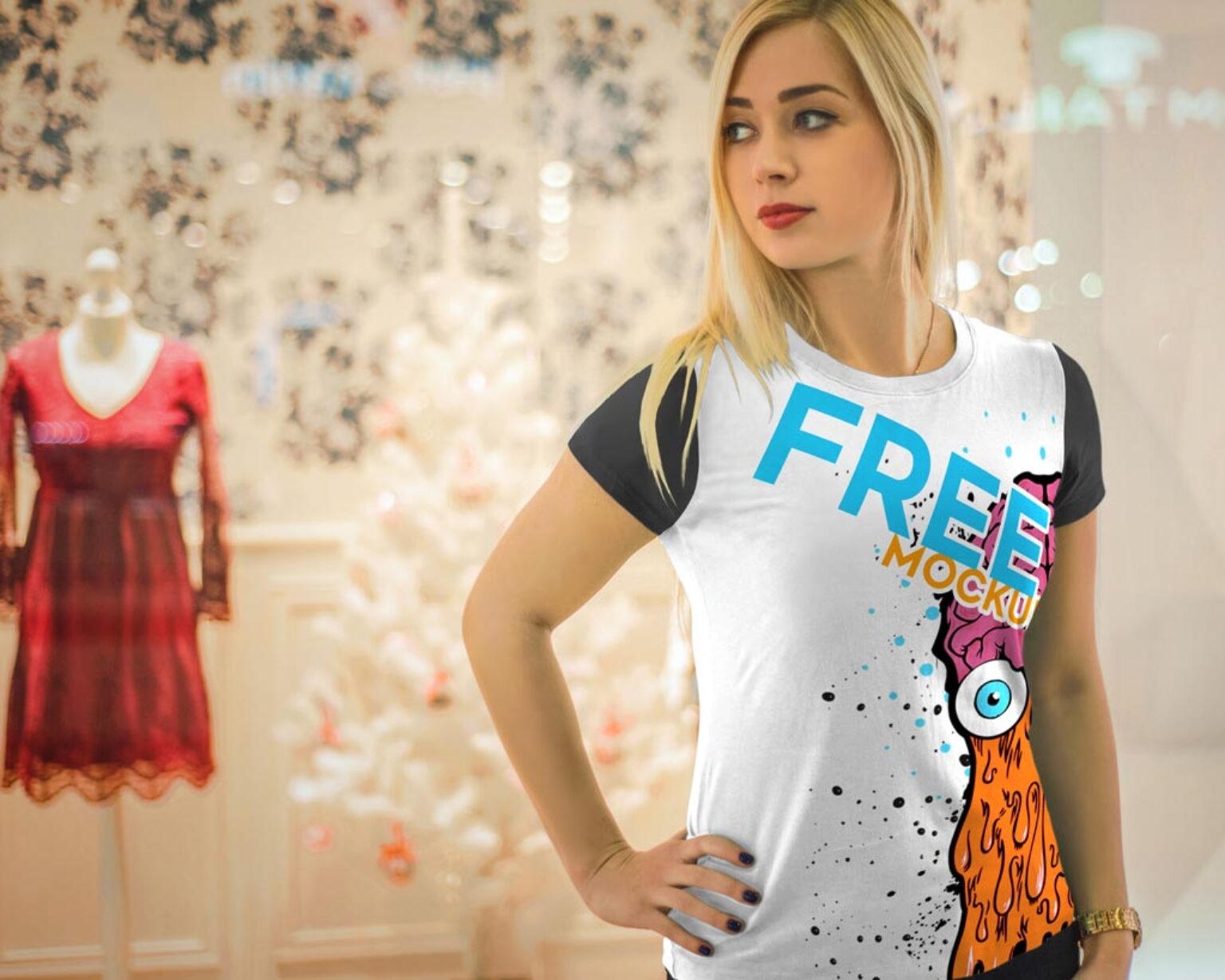 Blonde Girl Wearing T Shirt Mockup   Mockup World