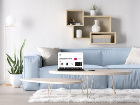 MacBook Pro in a Living Room Mockup - Mockup World