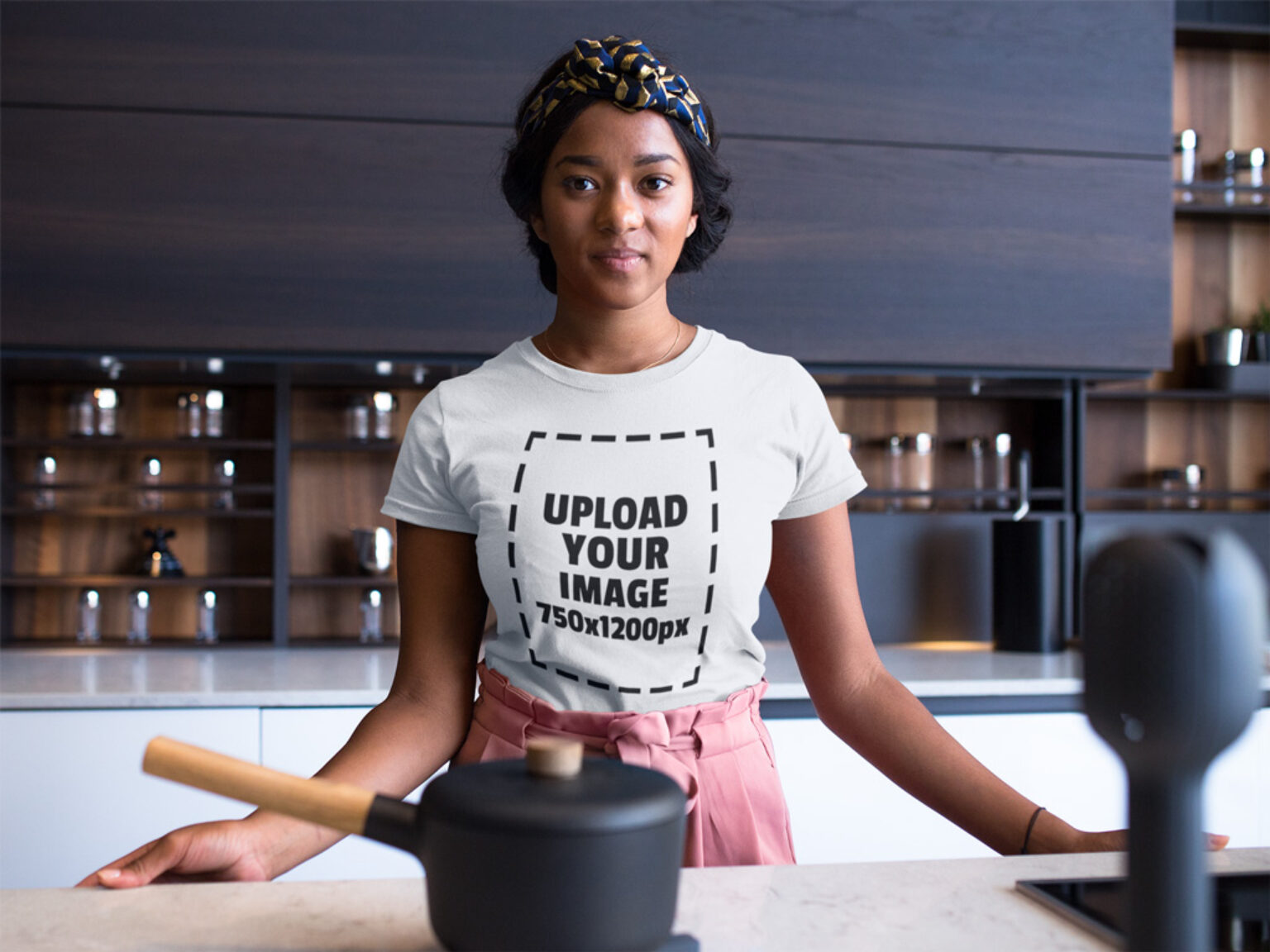 Download Woman in Kitchen wearing a T-Shirt Mockup Generator | Mockup World