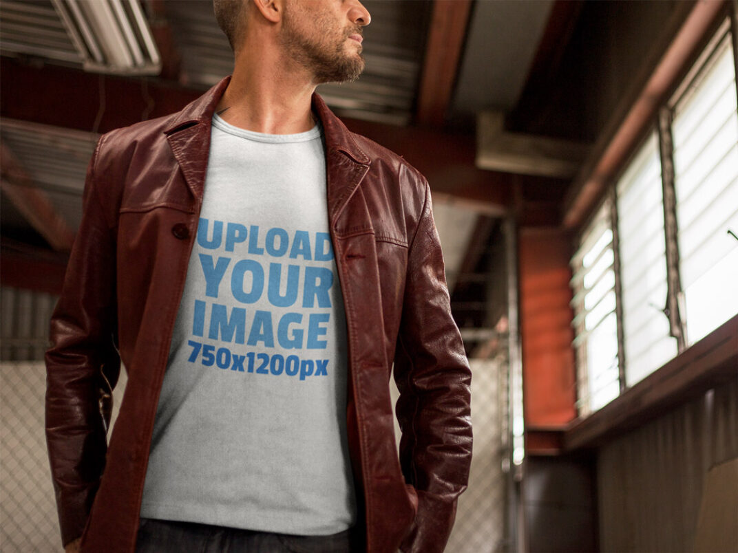 Download Man wearing T-Shirt and Leather Jacket Mockup Generator | Mockup World