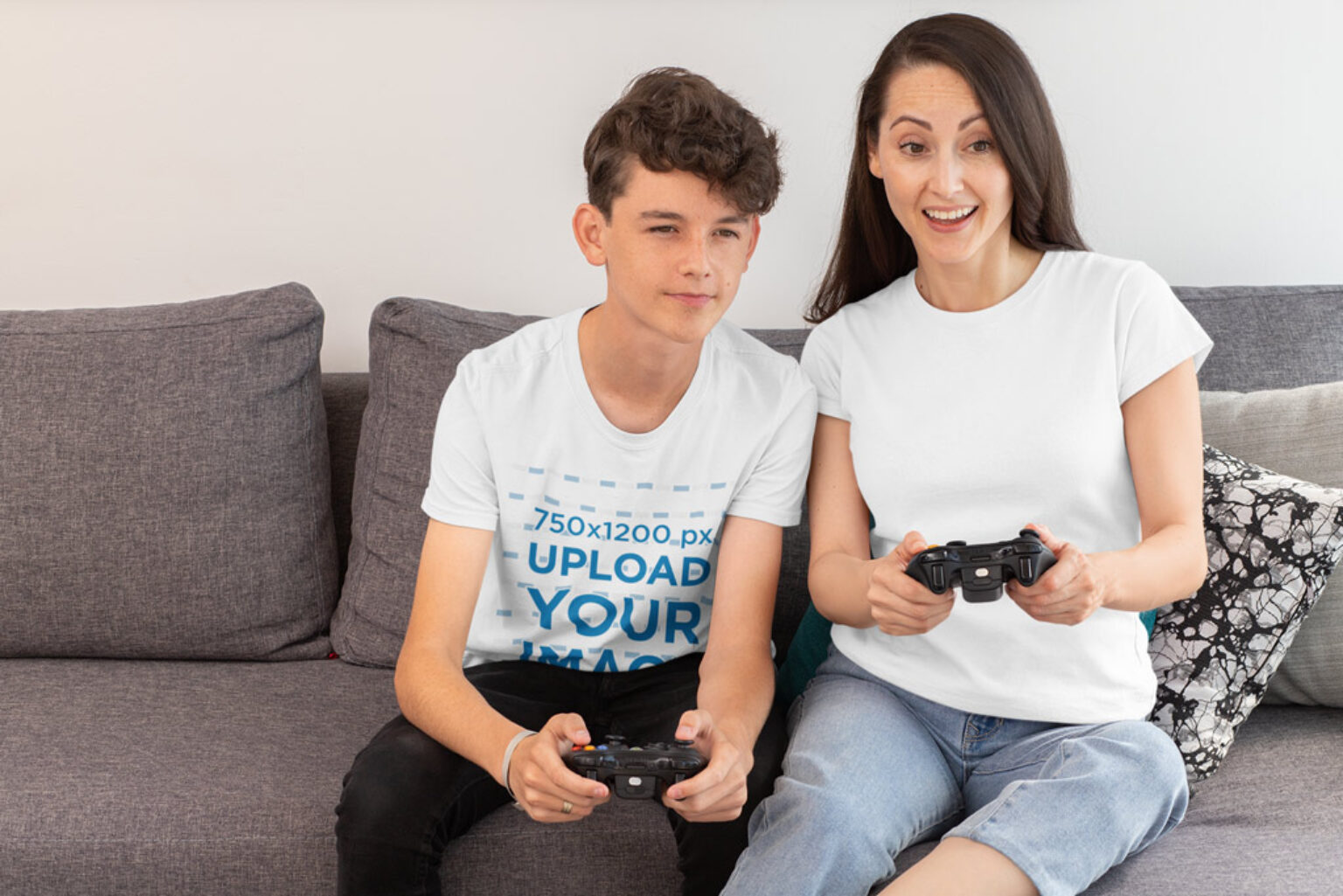 Download Gaming Kid and Mom wearing T-Shirts Mockup Generator | Mockup World