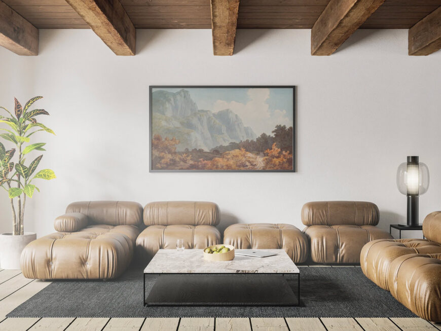 Download Poster Frame in rustic Living Room Mockup | Mockup World