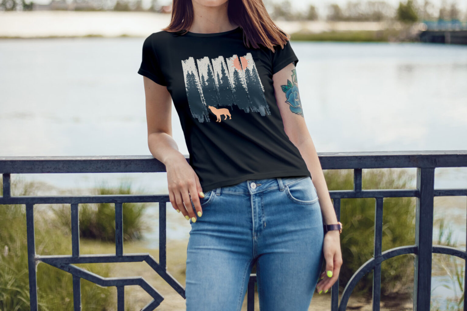 Brunette Girl Wearing T Shirt Mockup   Mockup World