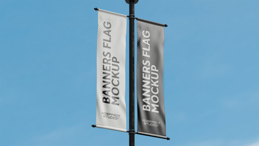 Vertical Pole Banners Mockup - Mockup World